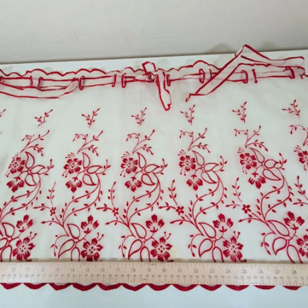 Vintage 1950s Sheer Hostess Apron – Red Floral Embroidery & Scalloped Edge